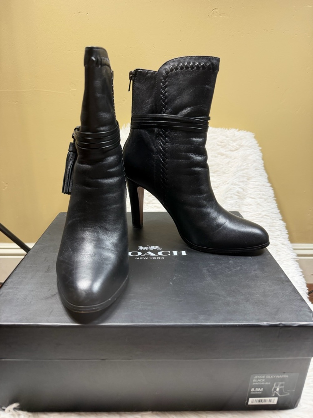 Coach Jessie Silky Nappa Soft Leather High-Heel Ankle Booties with Tassel Wrap